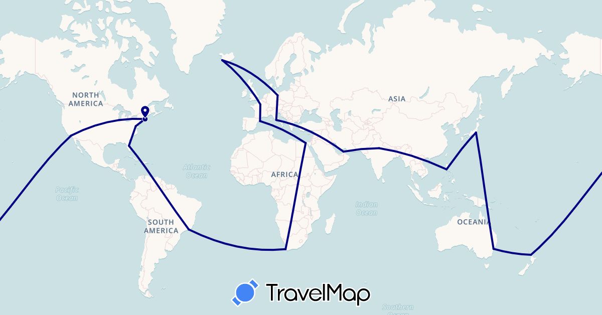 TravelMap itinerary: driving in United Arab Emirates, Australia, Brazil, Germany, Egypt, Spain, France, United Kingdom, India, Iceland, Italy, Japan, New Zealand, Philippines, United States, South Africa (Africa, Asia, Europe, North America, Oceania, South America)